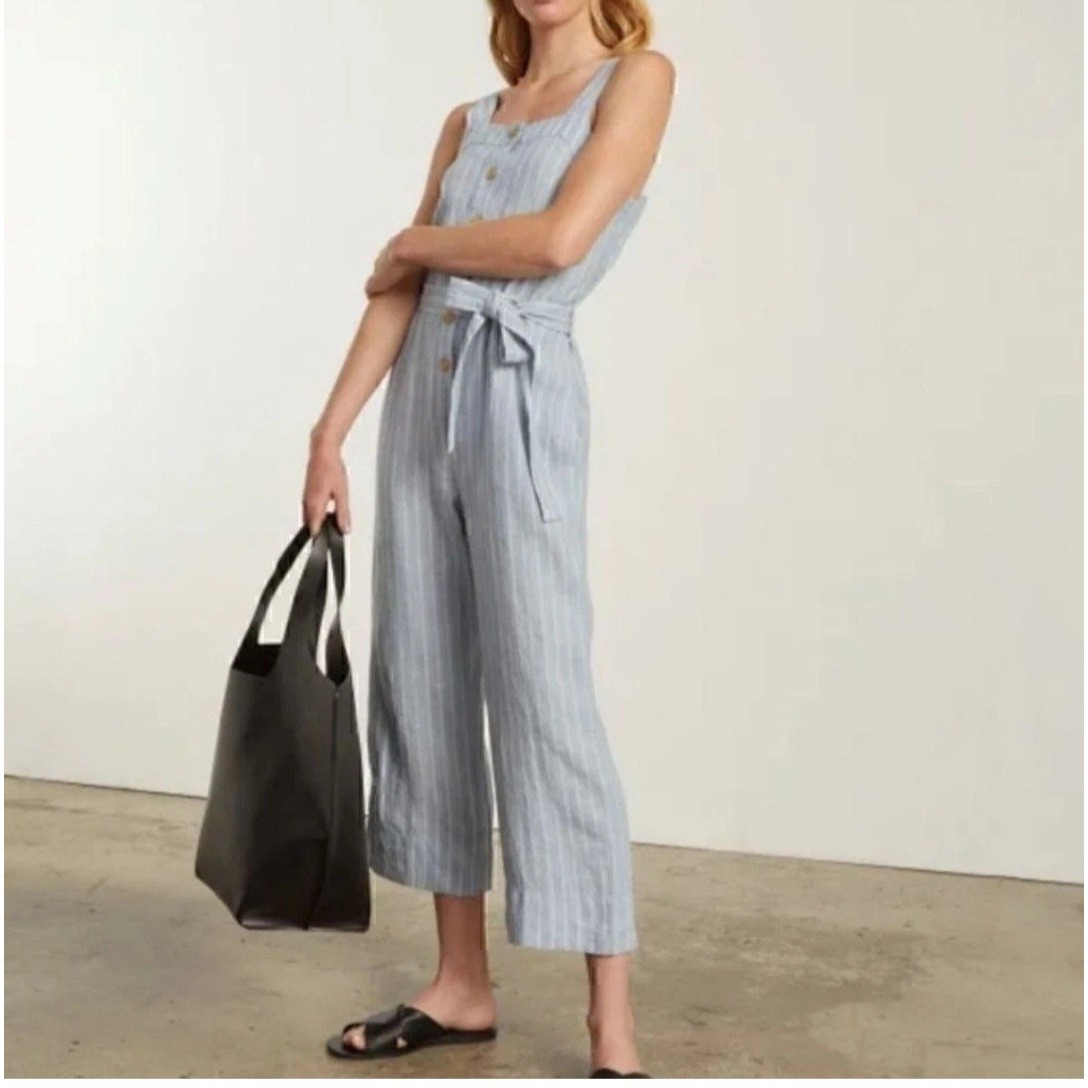 Everlane Women's Linen Jumpsuit Sz 14 Gray White Stripe Tie Waist Sleeveless Nwt